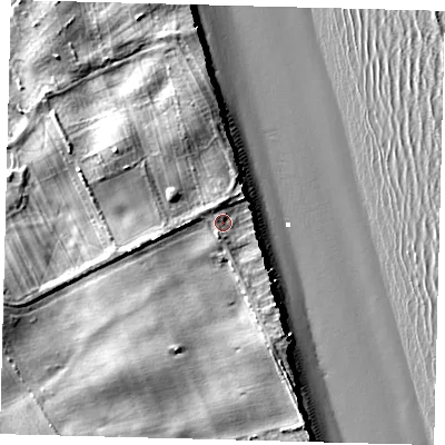 Shaded relief map of the ground around YO258TU, computed from Environment Agency LiDAR. The ground here sits at about 8 m above sea level and falls 16 m across the surrounding 800 m. Surface water reaching this point runs off ground lying to the west-south-west, 3.2 m higher.