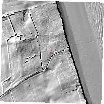 Shaded relief map of the ground around YO258TZ, computed from Environment Agency LiDAR. The ground here sits at about 9 m above sea level and falls 16 m across the surrounding 800 m. Surface water reaching this point runs off ground lying to the west-north-west, 5.7 m higher.