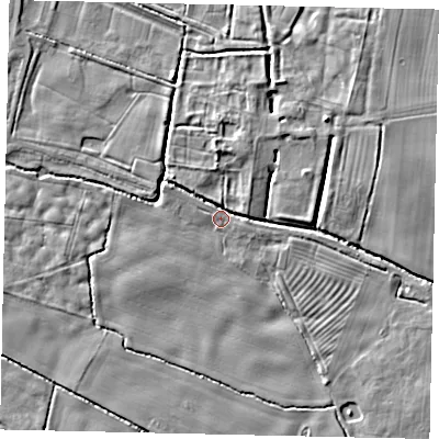 Shaded relief map of the ground around YO259AQ, computed from Environment Agency LiDAR. The ground here sits at about 8 m above sea level and falls 7 m across the surrounding 800 m. Surface water reaching this point runs off ground lying to the north, 4.8 m higher.