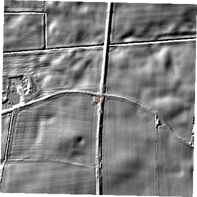 Shaded relief map of the ground around YO259AX, computed from Environment Agency LiDAR. The ground here sits at about 6 m above sea level and falls 7 m across the surrounding 800 m. Surface water reaching this point runs off ground lying to the south-west, 2.5 m higher.