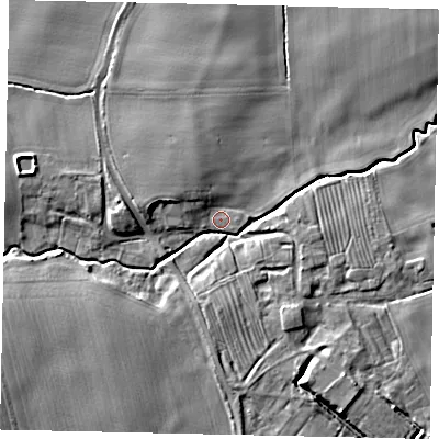 Shaded relief map of the ground around YO259BA, computed from Environment Agency LiDAR. The ground here sits at about 7 m above sea level and falls 8 m across the surrounding 800 m. Surface water reaching this point runs off ground lying to the west-north-west, 5.8 m higher.