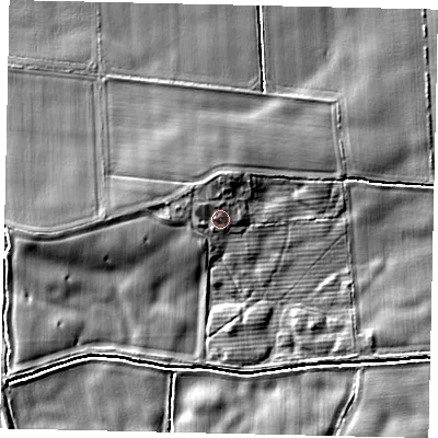 Shaded relief map of the ground around YO259BE, computed from Environment Agency LiDAR. The ground here sits at about 6 m above sea level and falls 6 m across the surrounding 800 m. Surface water reaching this point runs off ground lying to the north-west, 1.5 m higher.