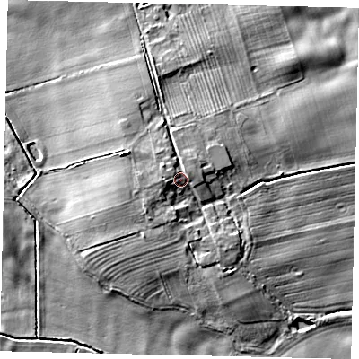 Shaded relief map of the ground around YO259BG, computed from Environment Agency LiDAR. The ground here sits at about 8 m above sea level and falls 9 m across the surrounding 800 m. Surface water reaching this point runs off ground lying to the west, 2.3 m higher.