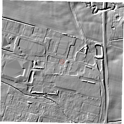 Shaded relief map of the ground around YO259DJ, computed from Environment Agency LiDAR. The ground here sits at about 19 m above sea level and falls 7 m across the surrounding 800 m. Surface water reaching this point runs off ground lying to the west-north-west, 3.6 m higher.