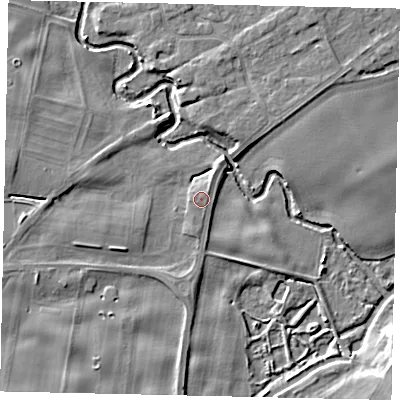 Shaded relief map of the ground around YO259DN, computed from Environment Agency LiDAR. The ground here sits at about 16 m above sea level and falls 8 m across the surrounding 800 m. Surface water reaching this point runs off ground lying to the north-north-east, 0.8 m higher.