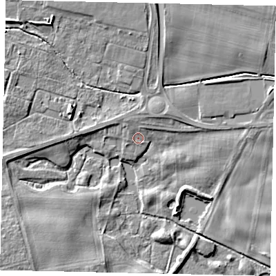 Shaded relief map of the ground around YO259DW, computed from Environment Agency LiDAR. The ground here sits at about 17 m above sea level and falls 8 m across the surrounding 800 m. Surface water reaching this point runs off ground lying to the north-north-west, 1.7 m higher.