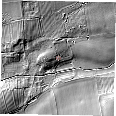 Shaded relief map of the ground around YO259EG, computed from Environment Agency LiDAR. The ground here sits at about 29 m above sea level and falls 12 m across the surrounding 800 m. Surface water reaching this point runs off ground lying to the north-north-west, 2.7 m higher.
