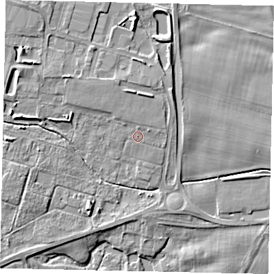 Shaded relief map of the ground around YO259EX, computed from Environment Agency LiDAR. The ground here sits at about 19 m above sea level and falls 8 m across the surrounding 800 m. Surface water reaching this point runs off ground lying to the north-north-west, 1.2 m higher.