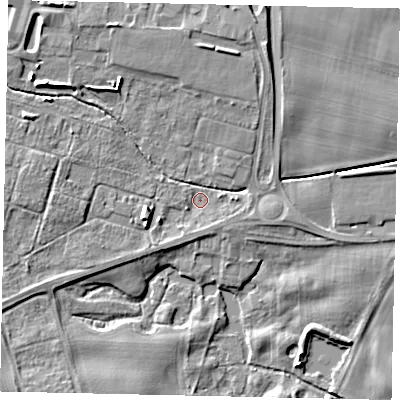 Shaded relief map of the ground around YO259EY, computed from Environment Agency LiDAR. The ground here sits at about 17 m above sea level and falls 8 m across the surrounding 800 m. Surface water reaching this point runs off ground lying to the west-south-west, 2.9 m higher.