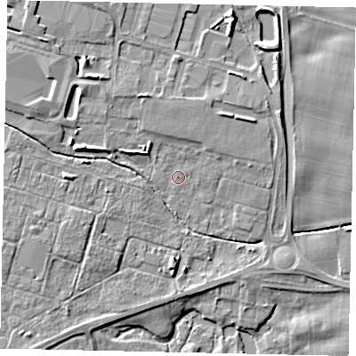 Shaded relief map of the ground around YO259EZ, computed from Environment Agency LiDAR. The ground here sits at about 18 m above sea level and falls 8 m across the surrounding 800 m. Surface water reaching this point runs off ground lying to the north, 2.4 m higher.