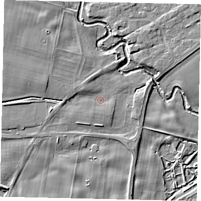 Shaded relief map of the ground around YO259FB, computed from Environment Agency LiDAR. The ground here sits at about 15 m above sea level and falls 8 m across the surrounding 800 m. Surface water reaching this point runs off ground lying to the west-north-west, 2.1 m higher.