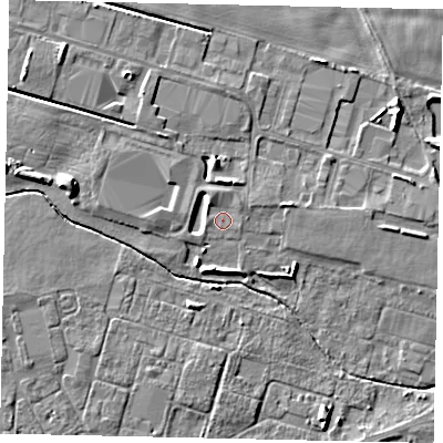 Shaded relief map of the ground around YO259FQ, computed from Environment Agency LiDAR. The ground here sits at about 19 m above sea level and falls 8 m across the surrounding 800 m. Surface water reaching this point runs off ground lying to the north-north-west, 1.3 m higher.