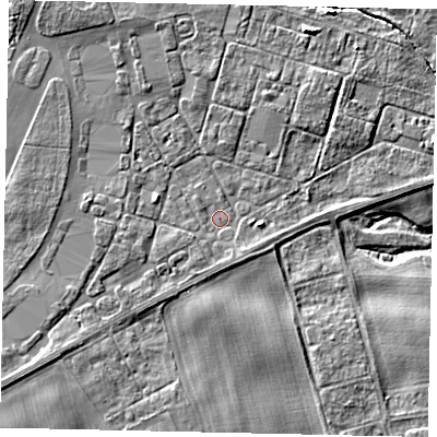 Shaded relief map of the ground around YO259HD, computed from Environment Agency LiDAR. The ground here sits at about 19 m above sea level and falls 9 m across the surrounding 800 m. Surface water reaching this point runs off ground lying to the south-west, 4.3 m higher.