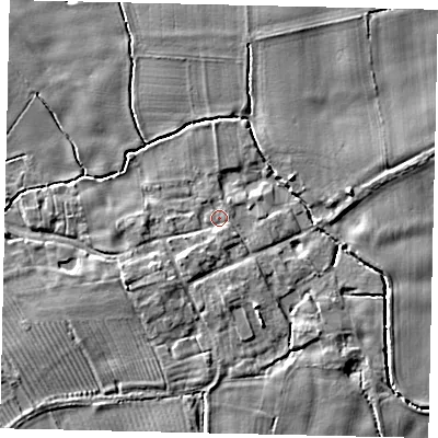 Shaded relief map of the ground around YO259HP, computed from Environment Agency LiDAR. The ground here sits at about 10 m above sea level and falls 5 m across the surrounding 800 m. Surface water reaching this point runs off ground lying to the south-west, 2.2 m higher.