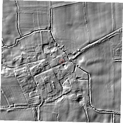 Shaded relief map of the ground around YO259HR, computed from Environment Agency LiDAR. The ground here sits at about 10 m above sea level and falls 6 m across the surrounding 800 m. Surface water reaching this point runs off ground lying to the west-south-west, 3.4 m higher.