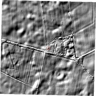 Shaded relief map of the ground around YO259QF, computed from Environment Agency LiDAR. The ground here sits at about 5 m above sea level and falls 4 m across the surrounding 800 m. Surface water reaching this point runs off ground lying to the south-south-west, 1.3 m higher.
