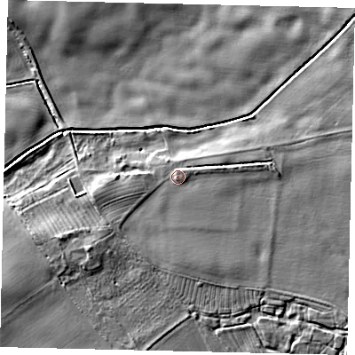 Shaded relief map of the ground around YO259QG, computed from Environment Agency LiDAR. The ground here sits at about 5 m above sea level and falls 7 m across the surrounding 800 m. Surface water reaching this point runs off ground lying to the south-west, 3.4 m higher.