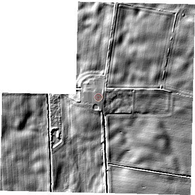Shaded relief map of the ground around YO259RE, computed from Environment Agency LiDAR. The ground here sits at about 4 m above sea level and falls 4 m across the surrounding 800 m. The ground contributing surface water to this point lies to the east-north-east.