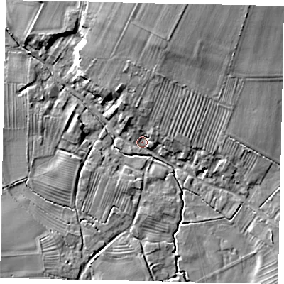 Shaded relief map of the ground around YO259SH, computed from Environment Agency LiDAR. The ground here sits at about 12 m above sea level and falls 13 m across the surrounding 800 m. Surface water reaching this point runs off ground lying to the north-north-east, 8.8 m higher.