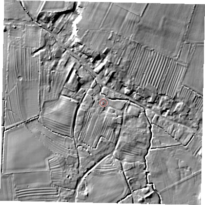 Shaded relief map of the ground around YO259SN, computed from Environment Agency LiDAR. The ground here sits at about 12 m above sea level and falls 13 m across the surrounding 800 m. Surface water reaching this point runs off ground lying to the north-north-east, 11.1 m higher.