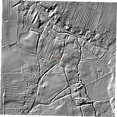 Shaded relief map of the ground around YO259SW, computed from Environment Agency LiDAR. The ground here sits at about 12 m above sea level and falls 10 m across the surrounding 800 m. Surface water reaching this point runs off ground lying to the south-west, 7.9 m higher.