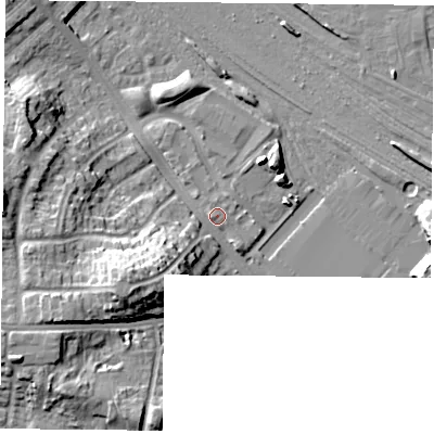 Shaded relief map of the ground around YO264GB, computed from Environment Agency LiDAR. The ground here sits at about 13 m above sea level and falls 15 m across the surrounding 800 m. Surface water reaching this point runs off ground lying to the west-south-west, 14.0 m higher.
