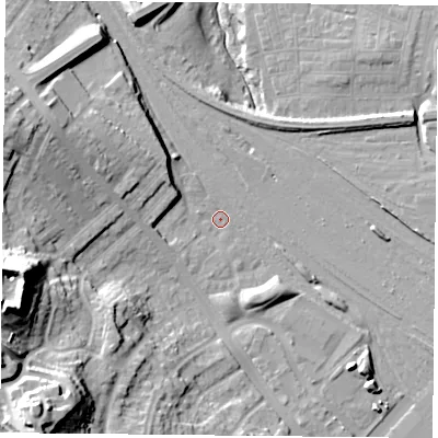 Shaded relief map of the ground around YO264QN, computed from Environment Agency LiDAR. The ground here sits at about 12 m above sea level and falls 34 m across the surrounding 800 m. Surface water reaching this point runs off ground lying to the west-south-west, 28.0 m higher.