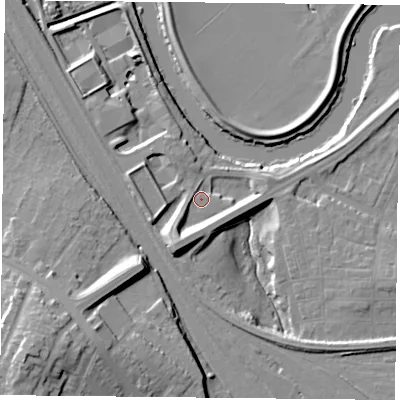 Shaded relief map of the ground around YO264RH, computed from Environment Agency LiDAR. The ground here sits at about 11 m above sea level and falls 24 m across the surrounding 800 m. Surface water reaching this point runs off ground lying to the south-west, 4.0 m higher.