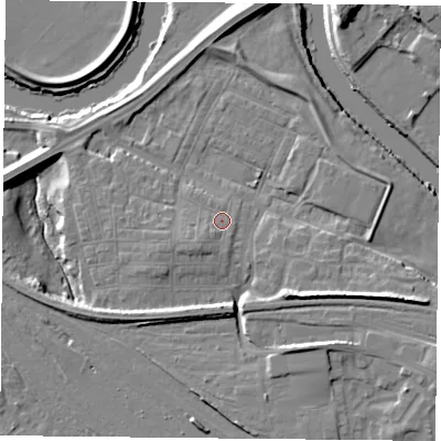 Shaded relief map of the ground around YO264TN, computed from Environment Agency LiDAR. The ground here sits at about 11 m above sea level and falls 11 m across the surrounding 800 m. Surface water reaching this point runs off ground lying to the south-west, 2.9 m higher.