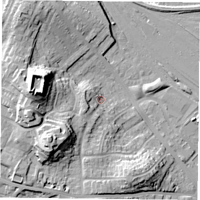 Shaded relief map of the ground around YO264UA, computed from Environment Agency LiDAR. The ground here sits at about 14 m above sea level and falls 32 m across the surrounding 800 m. Surface water reaching this point runs off ground lying to the west-south-west, 7.6 m higher.