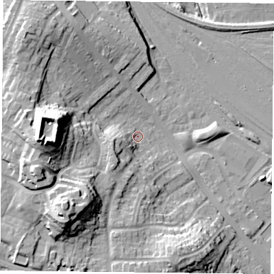 Shaded relief map of the ground around YO264UD, computed from Environment Agency LiDAR. The ground here sits at about 12 m above sea level and falls 34 m across the surrounding 800 m. Surface water reaching this point runs off ground lying to the south-south-west, 9.1 m higher.