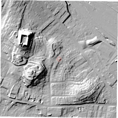 Shaded relief map of the ground around YO264UE, computed from Environment Agency LiDAR. The ground here sits at about 18 m above sea level and falls 29 m across the surrounding 800 m. Surface water reaching this point runs off ground lying to the west-south-west, 4.6 m higher.