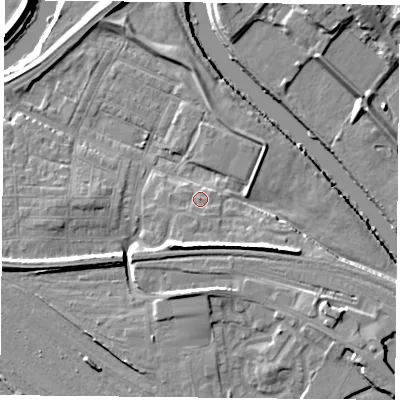 Shaded relief map of the ground around YO264UT, computed from Environment Agency LiDAR. The ground here sits at about 12 m above sea level and falls 12 m across the surrounding 800 m. Surface water reaching this point runs off ground lying to the south-south-east, 1.6 m higher.
