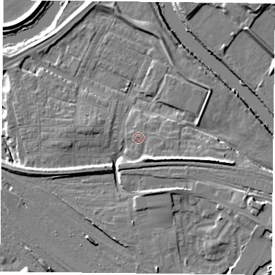 Shaded relief map of the ground around YO264UU, computed from Environment Agency LiDAR. The ground here sits at about 12 m above sea level and falls 12 m across the surrounding 800 m. Surface water reaching this point runs off ground lying to the south-south-east, 4.7 m higher.