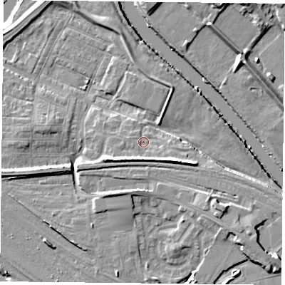 Shaded relief map of the ground around YO264UX, computed from Environment Agency LiDAR. The ground here sits at about 12 m above sea level and falls 12 m across the surrounding 800 m. Surface water reaching this point runs off ground lying to the south-east, 4.4 m higher.