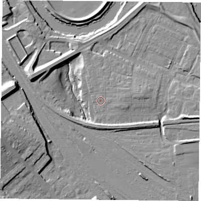Shaded relief map of the ground around YO264UY, computed from Environment Agency LiDAR. The ground here sits at about 11 m above sea level and falls 17 m across the surrounding 800 m. Surface water reaching this point runs off ground lying to the west, 15.3 m higher.