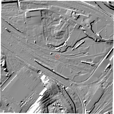 Shaded relief map of the ground around YO264XD, computed from Environment Agency LiDAR. The ground here sits at about 13 m above sea level and falls 17 m across the surrounding 800 m. Surface water reaching this point runs off ground lying to the east, 4.2 m higher.