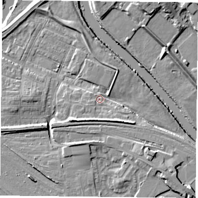 Shaded relief map of the ground around YO264XG, computed from Environment Agency LiDAR. The ground here sits at about 12 m above sea level and falls 12 m across the surrounding 800 m. Surface water reaching this point runs off ground lying to the south-south-east, 5.3 m higher.