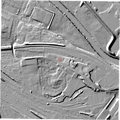 Shaded relief map of the ground around YO264XH, computed from Environment Agency LiDAR. The ground here sits at about 14 m above sea level and falls 12 m across the surrounding 800 m. Surface water reaching this point runs off ground lying to the east, 2.0 m higher.