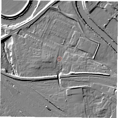 Shaded relief map of the ground around YO264XL, computed from Environment Agency LiDAR. The ground here sits at about 11 m above sea level and falls 11 m across the surrounding 800 m. Surface water reaching this point runs off ground lying to the south-east, 5.4 m higher.