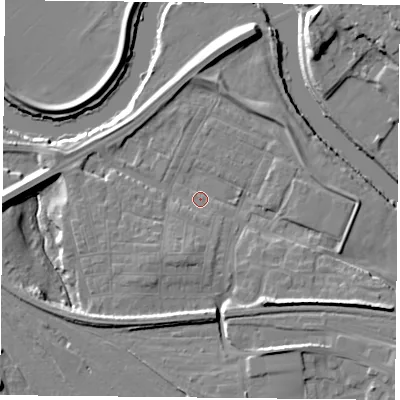 Shaded relief map of the ground around YO264XP, computed from Environment Agency LiDAR. The ground here sits at about 10 m above sea level and falls 11 m across the surrounding 800 m. Surface water reaching this point runs off ground lying to the south-south-east, 7.2 m higher.