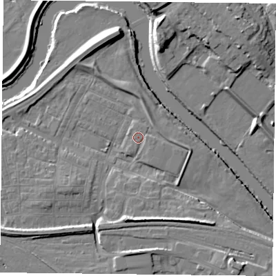Shaded relief map of the ground around YO264XQ, computed from Environment Agency LiDAR. The ground here sits at about 11 m above sea level and falls 12 m across the surrounding 800 m. Surface water reaching this point runs off ground lying to the north-north-east, 0.6 m higher.
