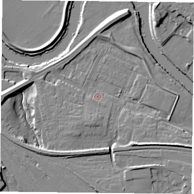Shaded relief map of the ground around YO264XR, computed from Environment Agency LiDAR. The ground here sits at about 10 m above sea level and falls 12 m across the surrounding 800 m. Surface water reaching this point runs off ground lying to the south-east, 7.2 m higher.