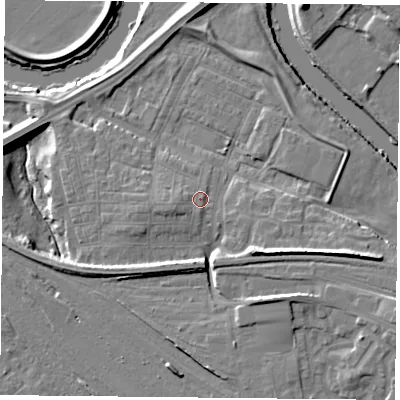 Shaded relief map of the ground around YO264XS, computed from Environment Agency LiDAR. The ground here sits at about 12 m above sea level and falls 11 m across the surrounding 800 m. Surface water reaching this point runs off ground lying to the west-south-west, 2.2 m higher.