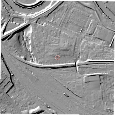 Shaded relief map of the ground around YO264XU, computed from Environment Agency LiDAR. The ground here sits at about 12 m above sea level and falls 14 m across the surrounding 800 m. Surface water reaching this point runs off ground lying to the east-south-east, 6.4 m higher.
