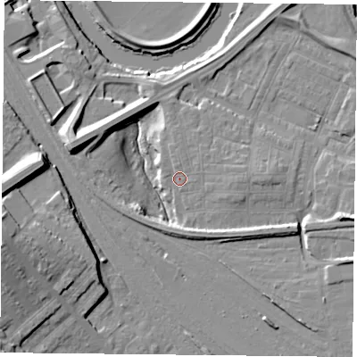 Shaded relief map of the ground around YO264XX, computed from Environment Agency LiDAR. The ground here sits at about 11 m above sea level and falls 18 m across the surrounding 800 m. Surface water reaching this point runs off ground lying to the west, 15.9 m higher.