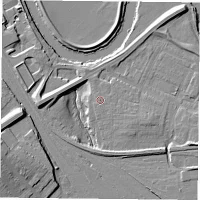 Shaded relief map of the ground around YO264XY, computed from Environment Agency LiDAR. The ground here sits at about 12 m above sea level and falls 18 m across the surrounding 800 m. Surface water reaching this point runs off ground lying to the south-east, 10.1 m higher.