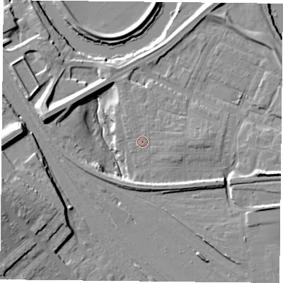 Shaded relief map of the ground around YO264XZ, computed from Environment Agency LiDAR. The ground here sits at about 11 m above sea level and falls 17 m across the surrounding 800 m. Surface water reaching this point runs off ground lying to the west, 15.3 m higher.