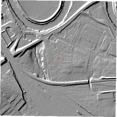 Shaded relief map of the ground around YO264YA, computed from Environment Agency LiDAR. The ground here sits at about 12 m above sea level and falls 16 m across the surrounding 800 m. Surface water reaching this point runs off ground lying to the east-south-east, 1.4 m higher.
