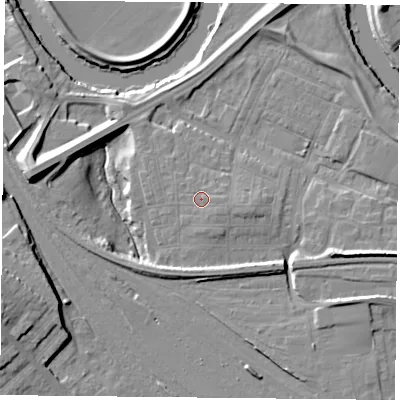Shaded relief map of the ground around YO264YB, computed from Environment Agency LiDAR. The ground here sits at about 12 m above sea level and falls 15 m across the surrounding 800 m. Surface water reaching this point runs off ground lying to the east-south-east, 1.2 m higher.